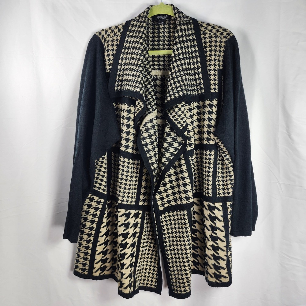 Y2K Womens Houndstooth Patchwork Cardigan Sweater Chunky Neutral Indie Artsy‎ 2X